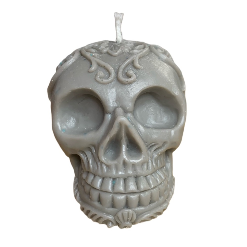 Handmade Candle Halloween Skull Dia de los Muertos Unscented Gray